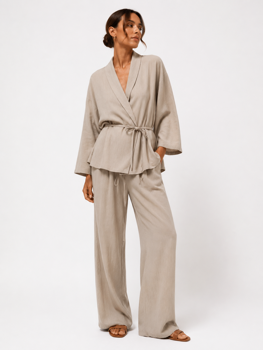 Belted Wrap Shirt and Wide-Leg Trouser Set