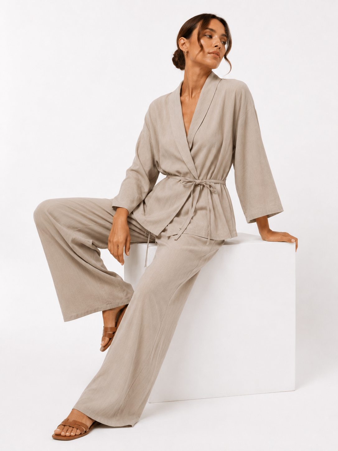Belted Wrap Shirt and Wide-Leg Trouser Set