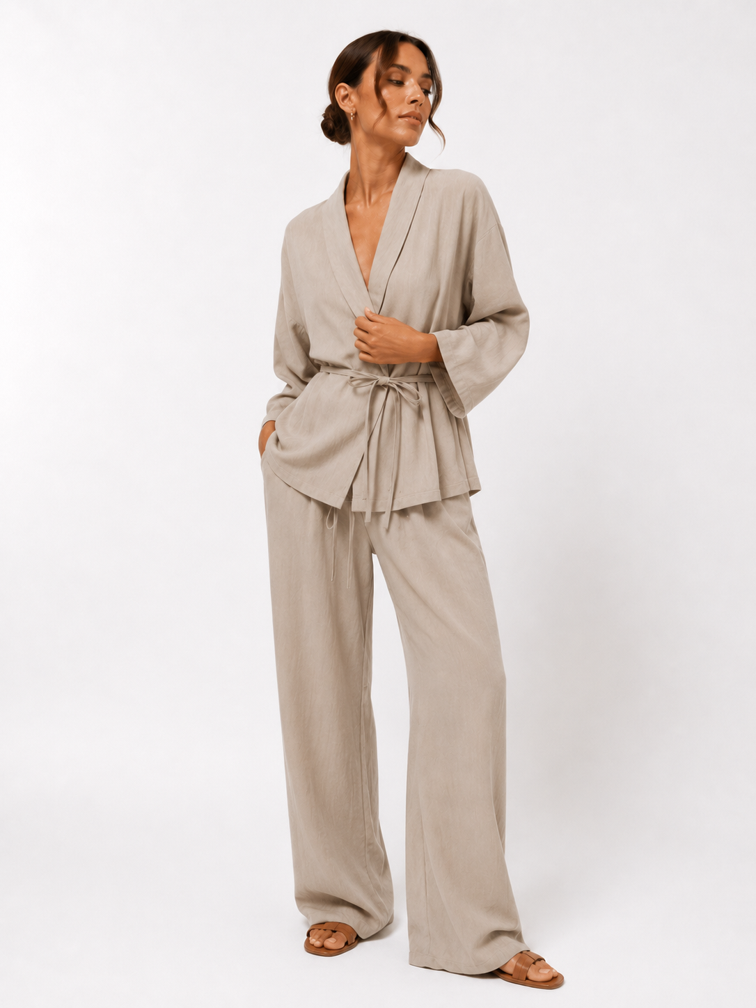 Belted Wrap Shirt and Wide-Leg Trouser Set