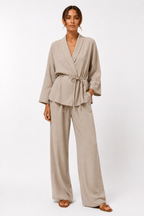 Belted Wrap Shirt and Wide-Leg Trouser Set