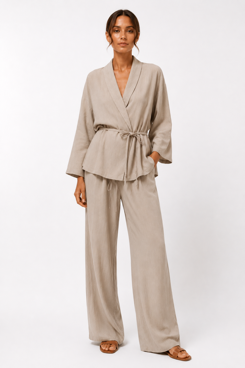 Belted Wrap Shirt and Wide-Leg Trouser Set