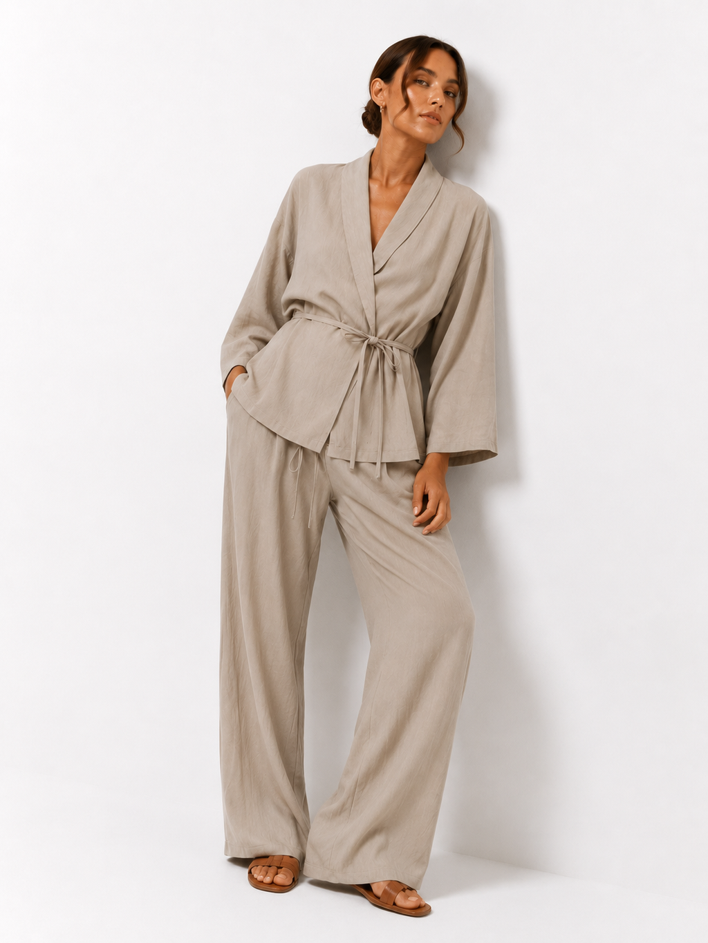 Belted Wrap Shirt and Wide-Leg Trouser Set