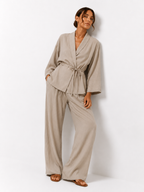 Belted Wrap Shirt and Wide-Leg Trouser Set