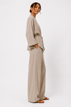 Belted Wrap Shirt and Wide-Leg Trouser Set