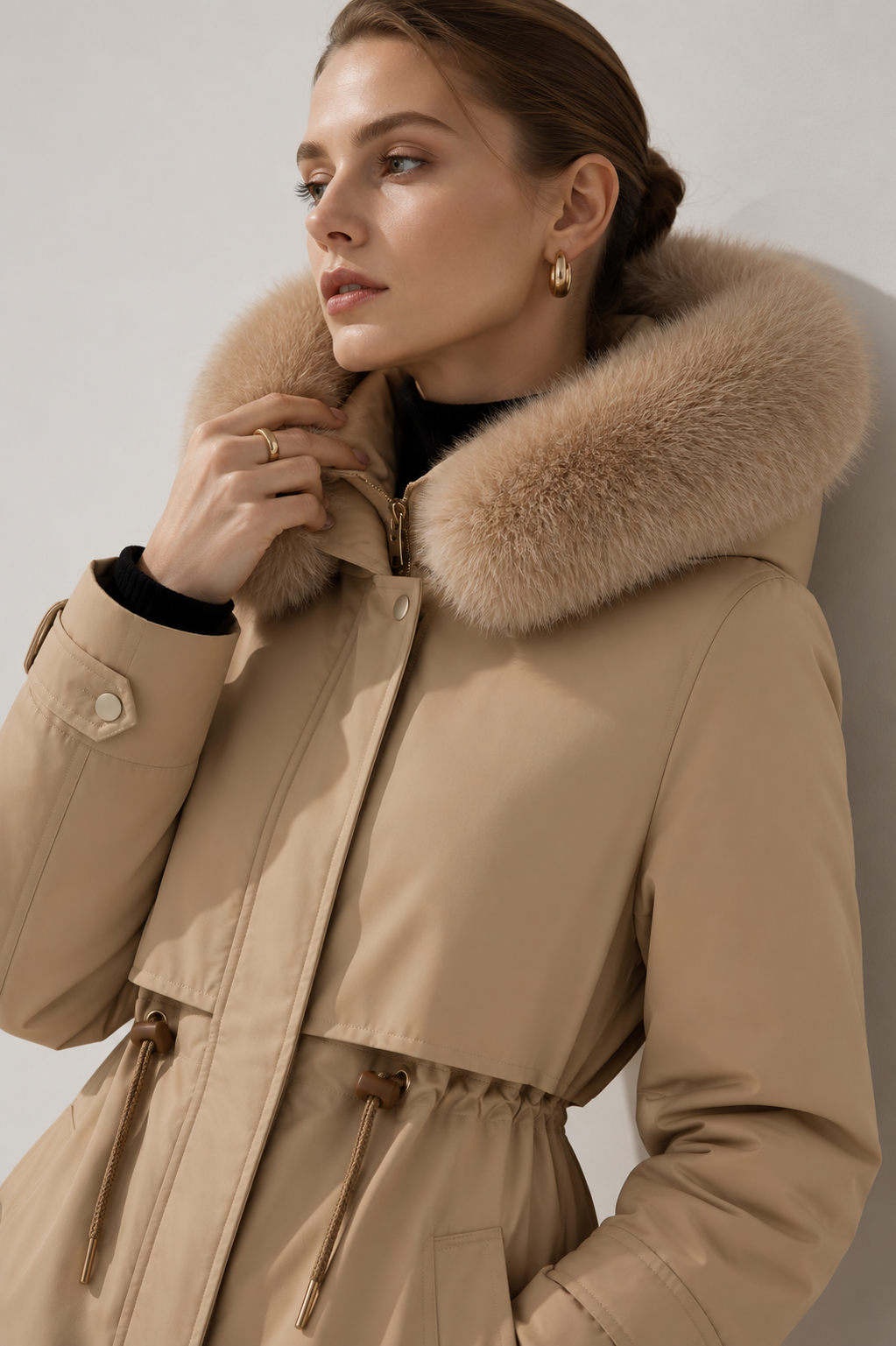 Longline Parka Coat with Fur Collar