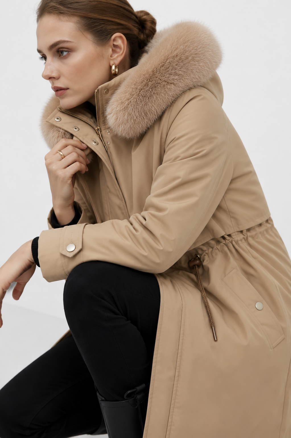 Longline Parka Coat with Fur Collar