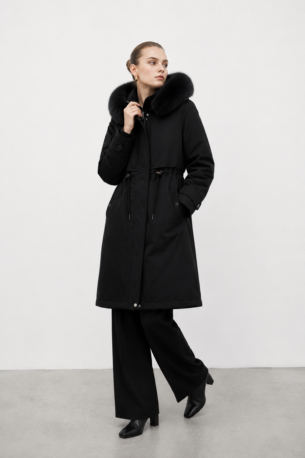 Longline Parka Coat with Fur Collar