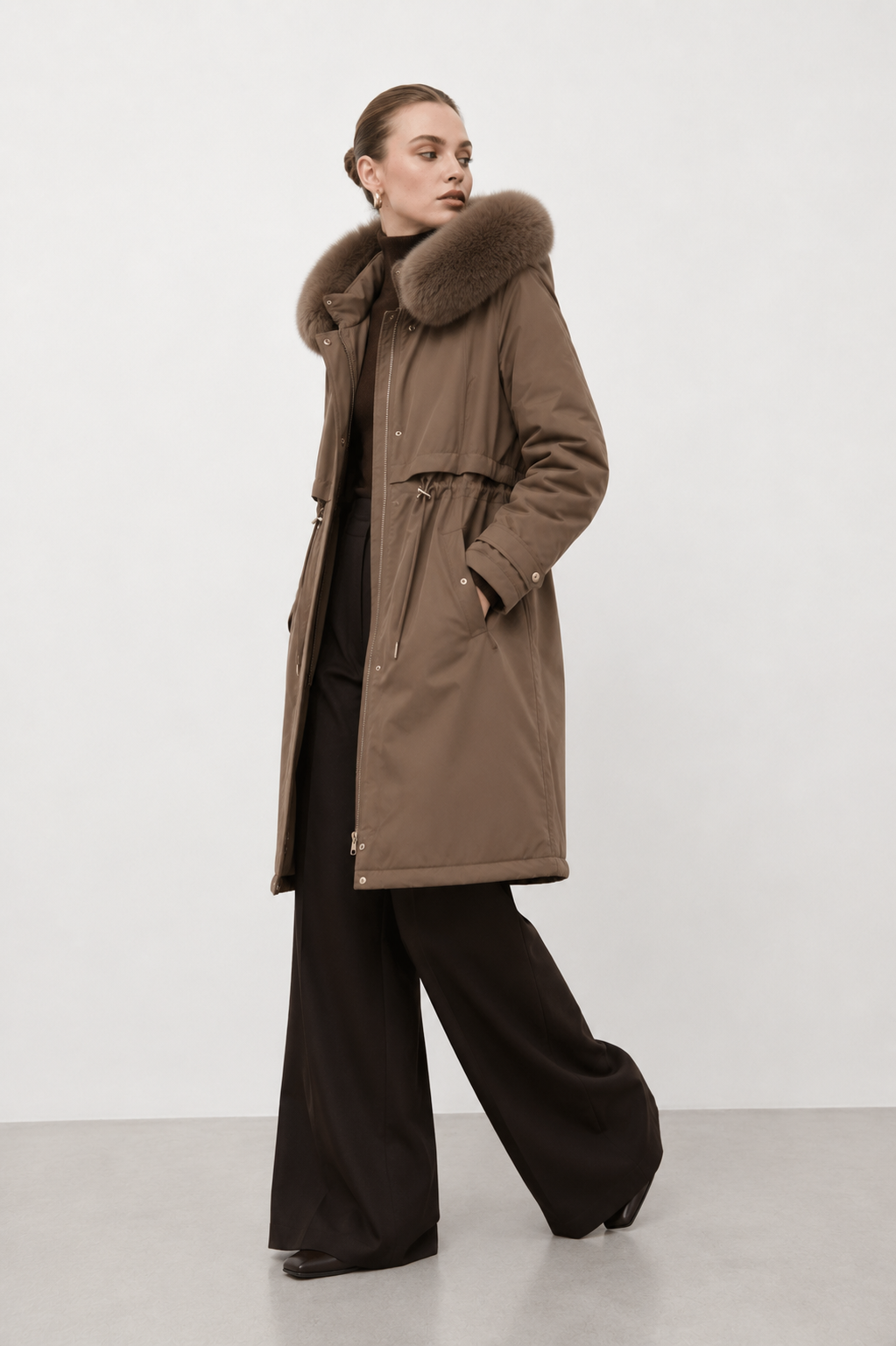 Longline Parka Coat with Fur Collar