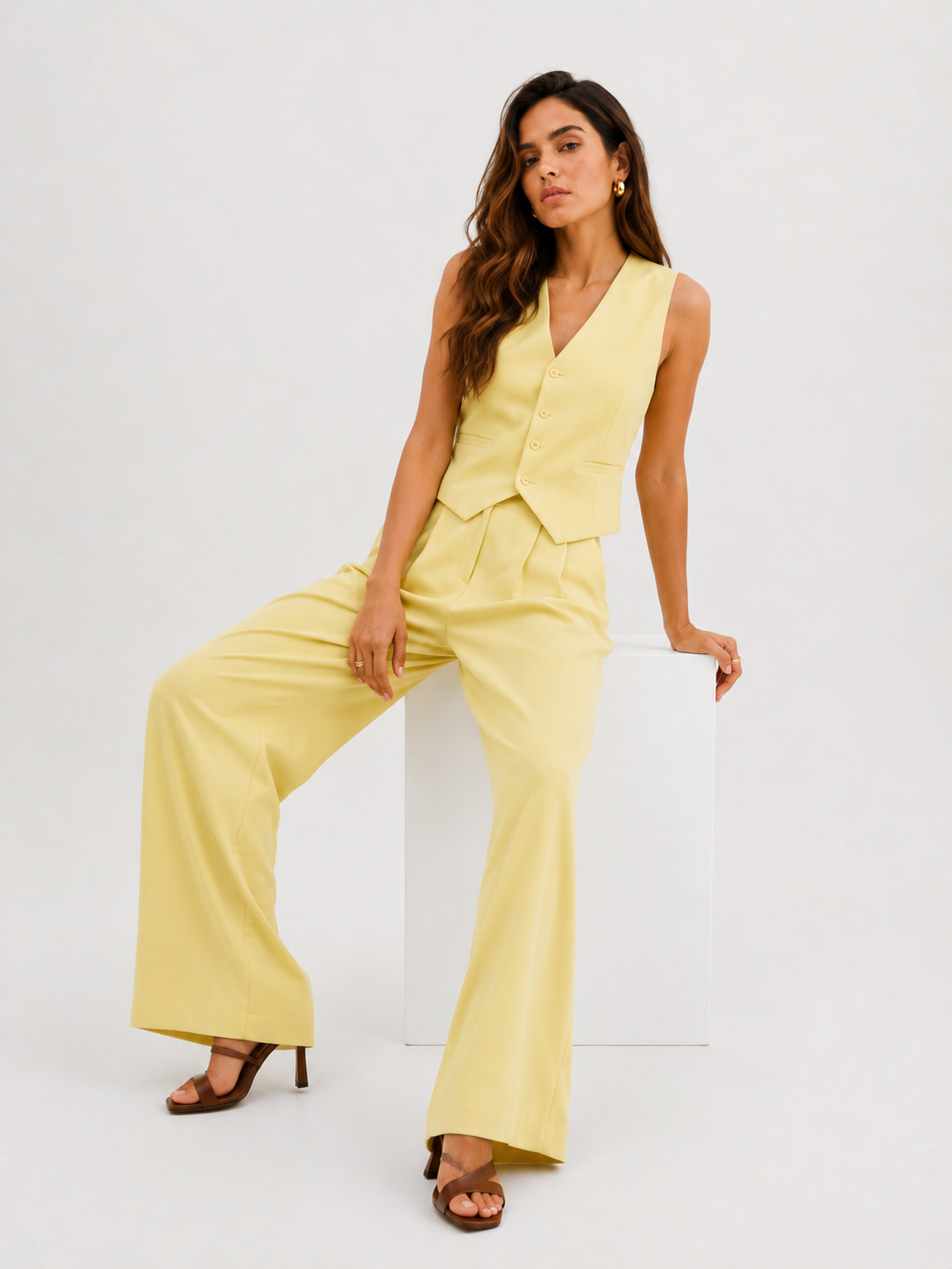 Tailored Sleeveless Waistcoat and Wide-Leg Trouser Set