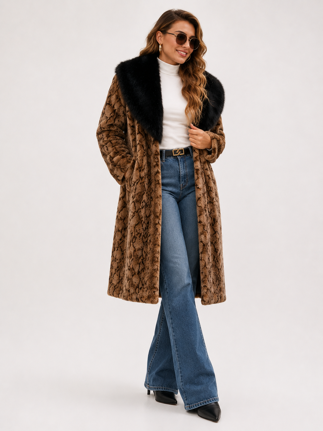 Collared Faux Fur Midi Coat