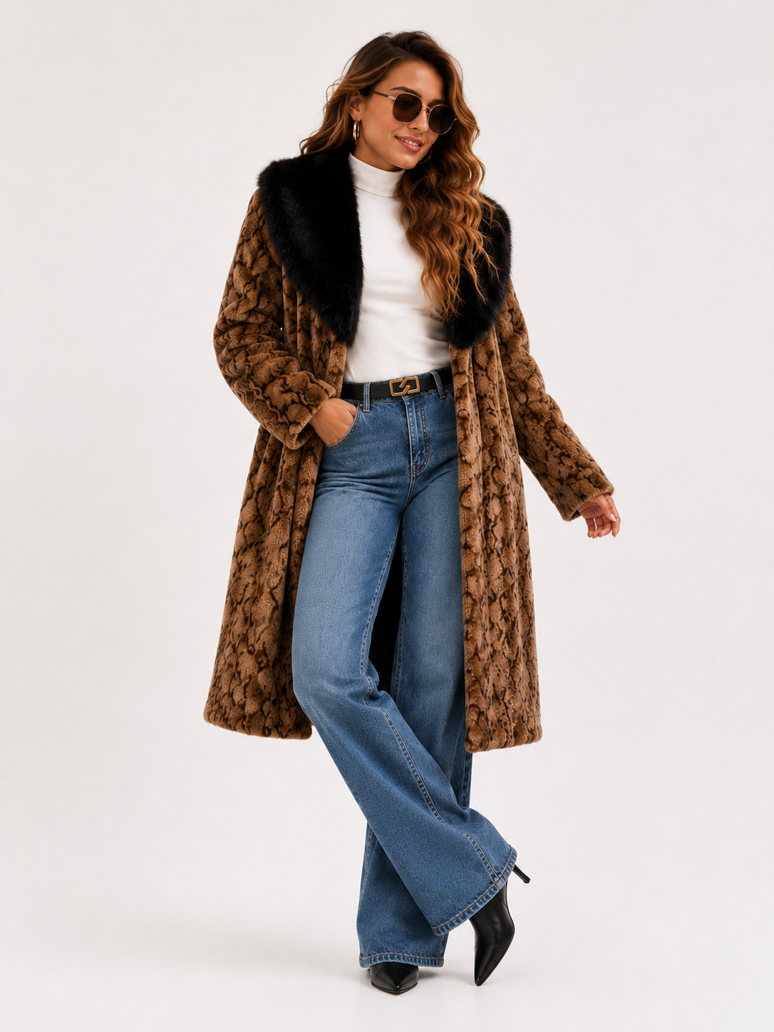 Collared Faux Fur Midi Coat