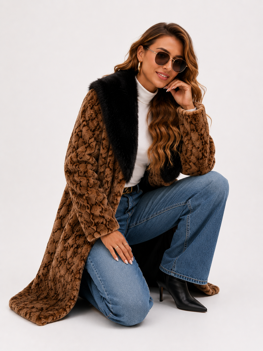 Collared Faux Fur Midi Coat