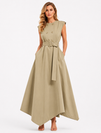 Double-Breasted Trench-Inspired Maxi Dress with Structured Shoulder Caps