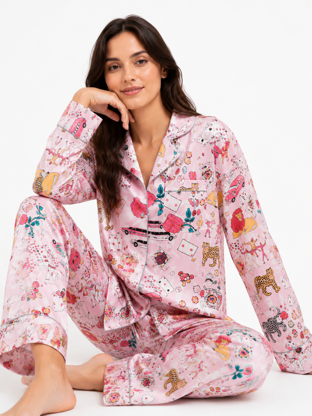 Women’s Floral Pyjama Set – Button-Through Long Sleeve Shirt & Wide-Leg Trousers