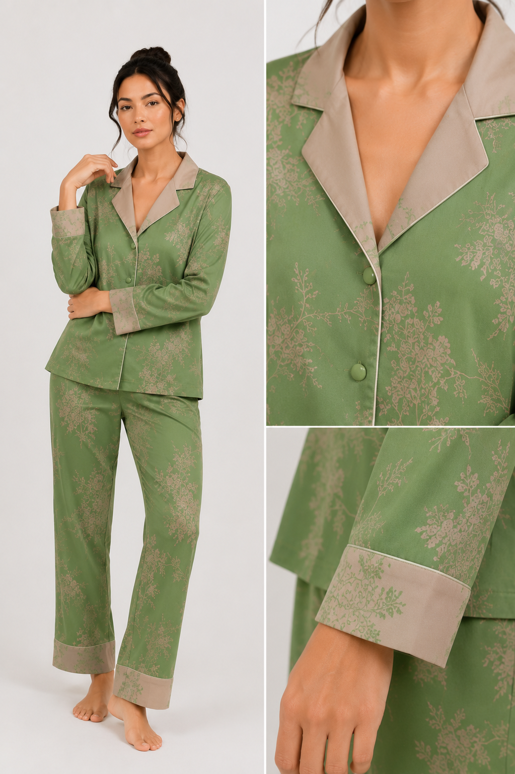 Printed satin-look pyjama set with piped trims