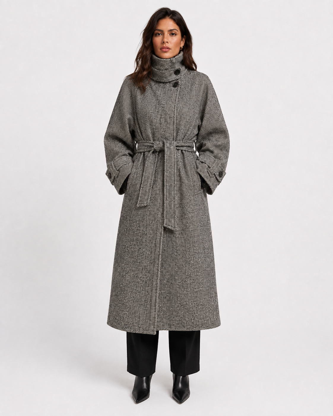 Drawstring-Waist High-Collar Coat