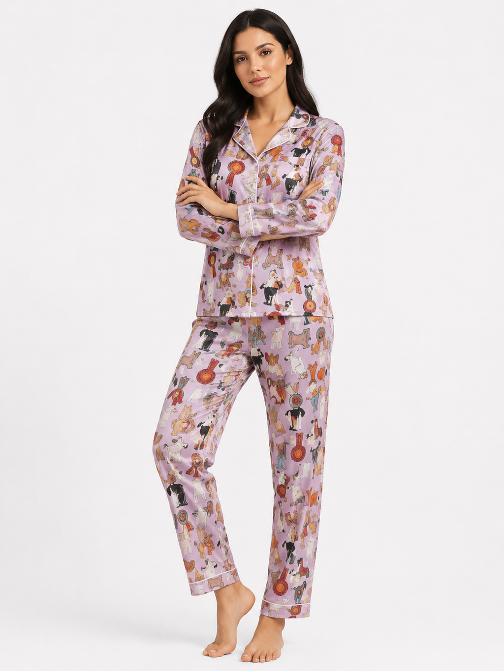 Women’s Printed Pyjama Set – Button-Through Long Sleeve Shirt & Jogger Trousers