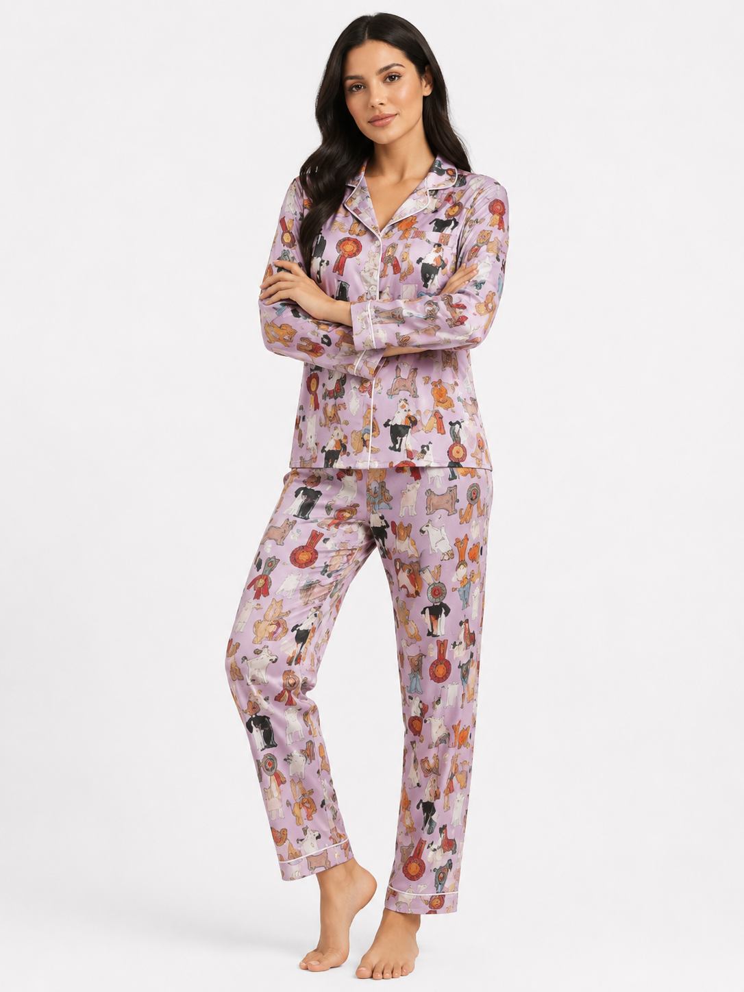 Women’s Printed Pyjama Set – Button-Through Long Sleeve Shirt & Jogger Trousers