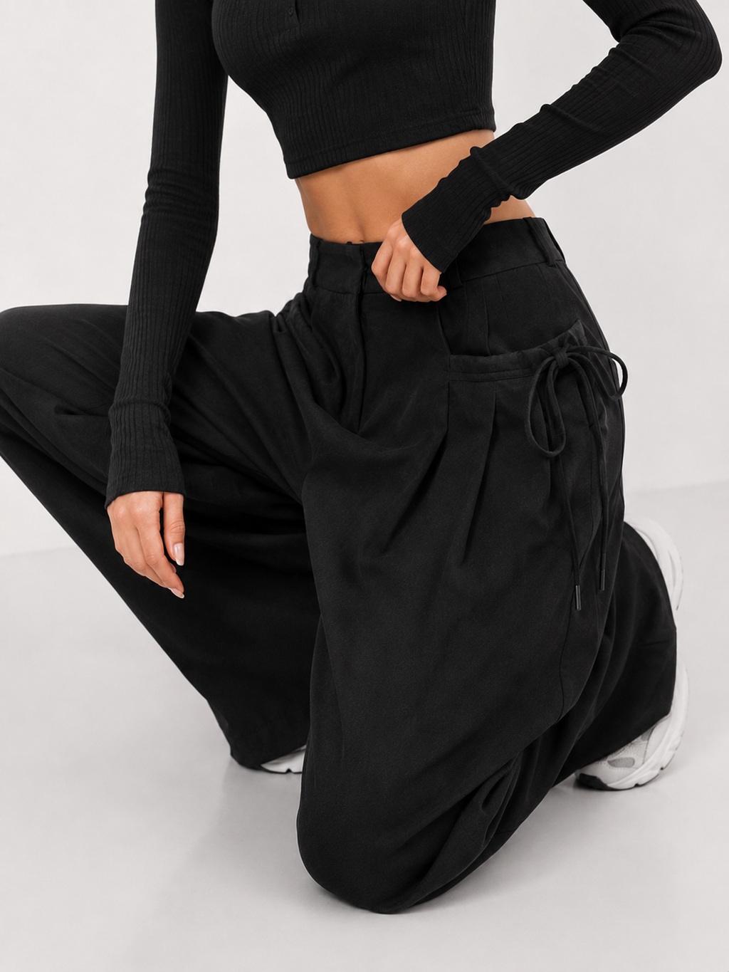 Shirring Casual Wide Leg Pants Women High Waist Street Basic Loose Sweat Trousers Korean Retro Gray Office Y2K Lady Pants