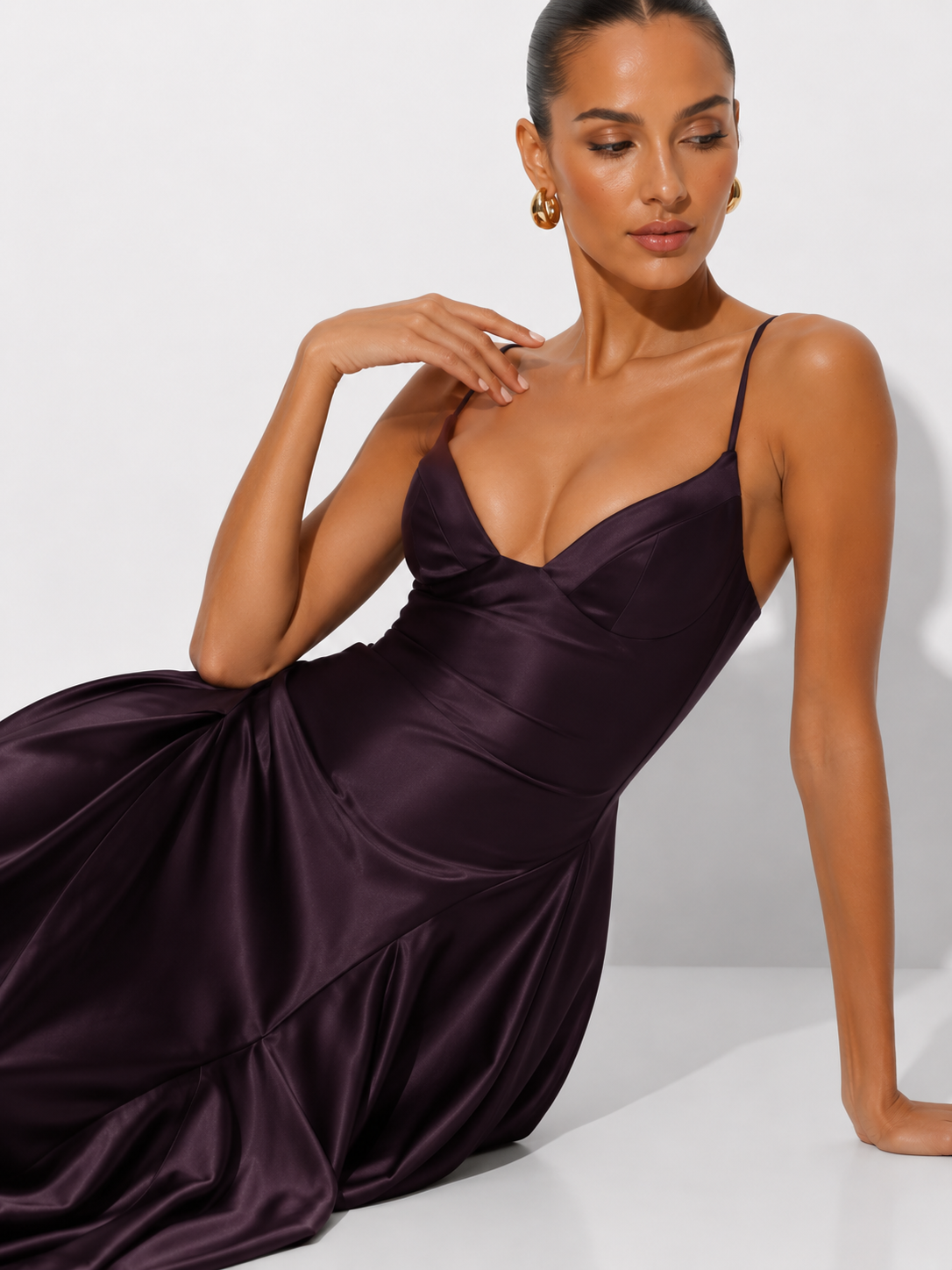 Solid Color Satin Bustier Women Maxi Dress Fashion Yellow Spaghetti Strap V Neck Waist-cinching Dresses 2026 New Party Vestidos