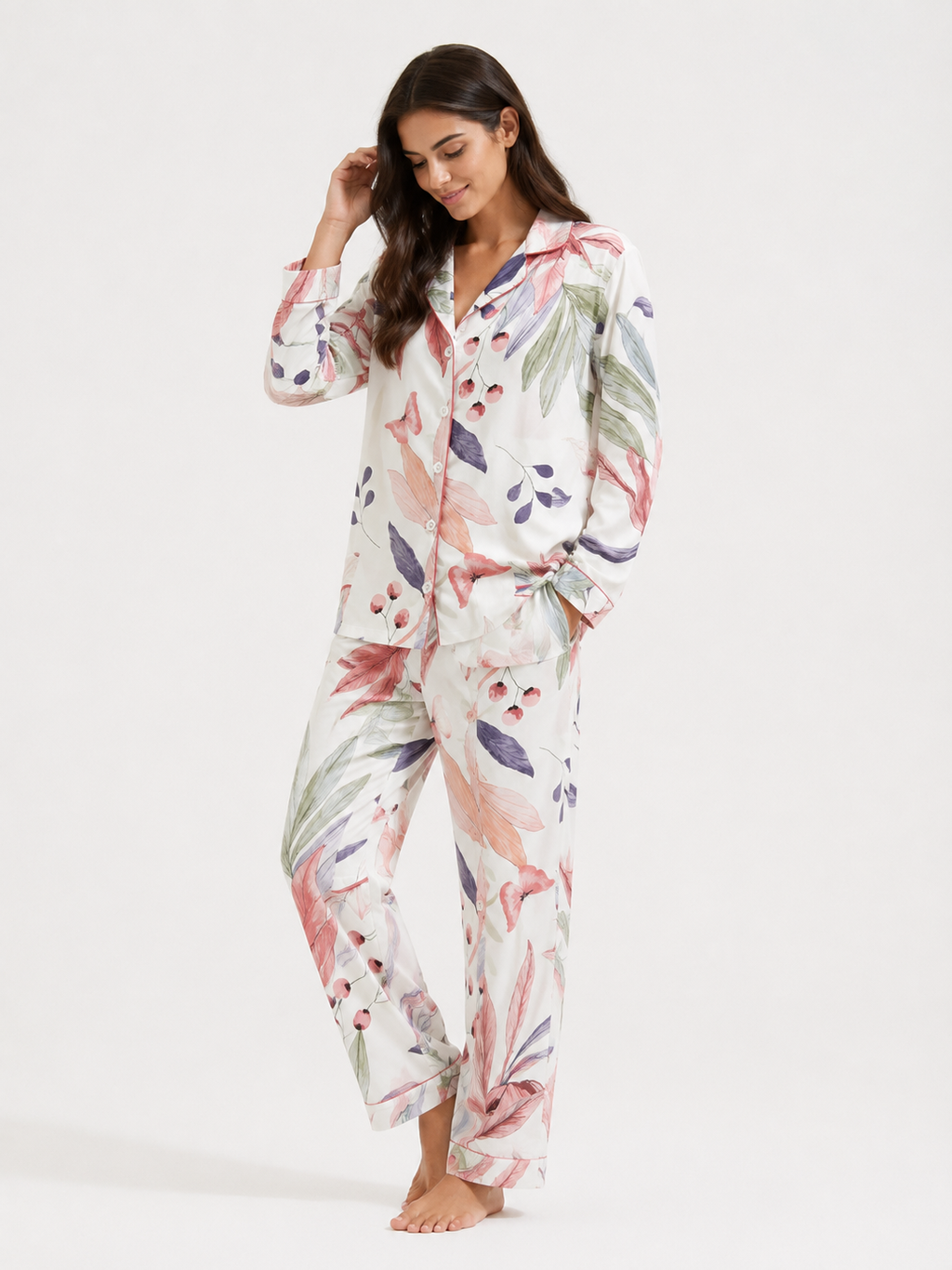 Women’s Pyjama Set – Button-Through Long Sleeve Shirt & Full-Length Trousers