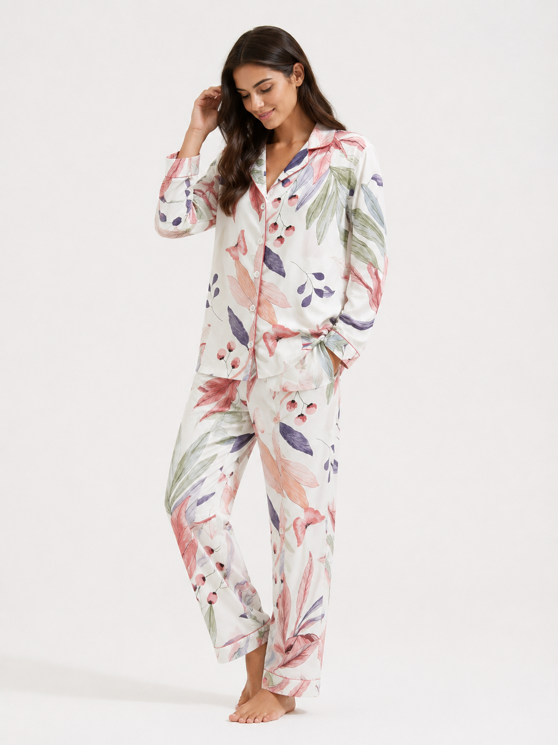 Women’s Pyjama Set – Button-Through Long Sleeve Shirt & Full-Length Trousers