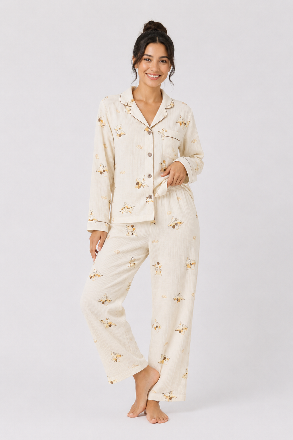 Button-through pyjama set with long-sleeve shirt and straight-leg trousers