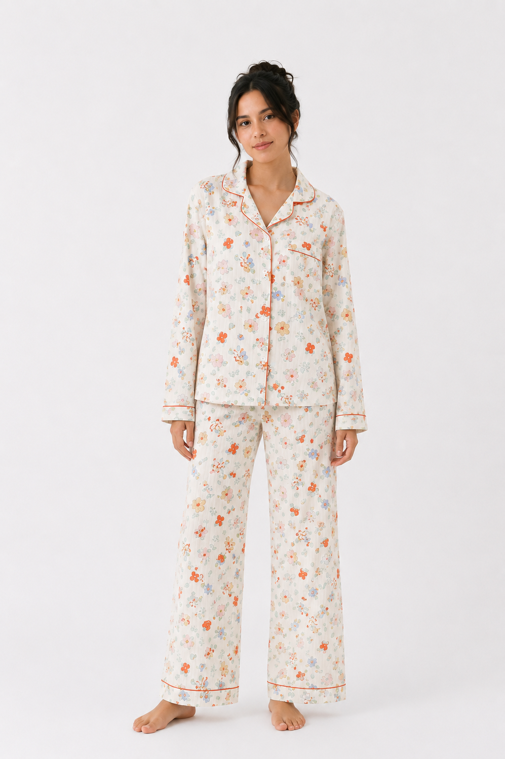 Women’s Cotton Pyjama Set – Long Sleeve Button-Through Top & Full-Length Trousers [PRODUTO PRECISA SER REFEITO]