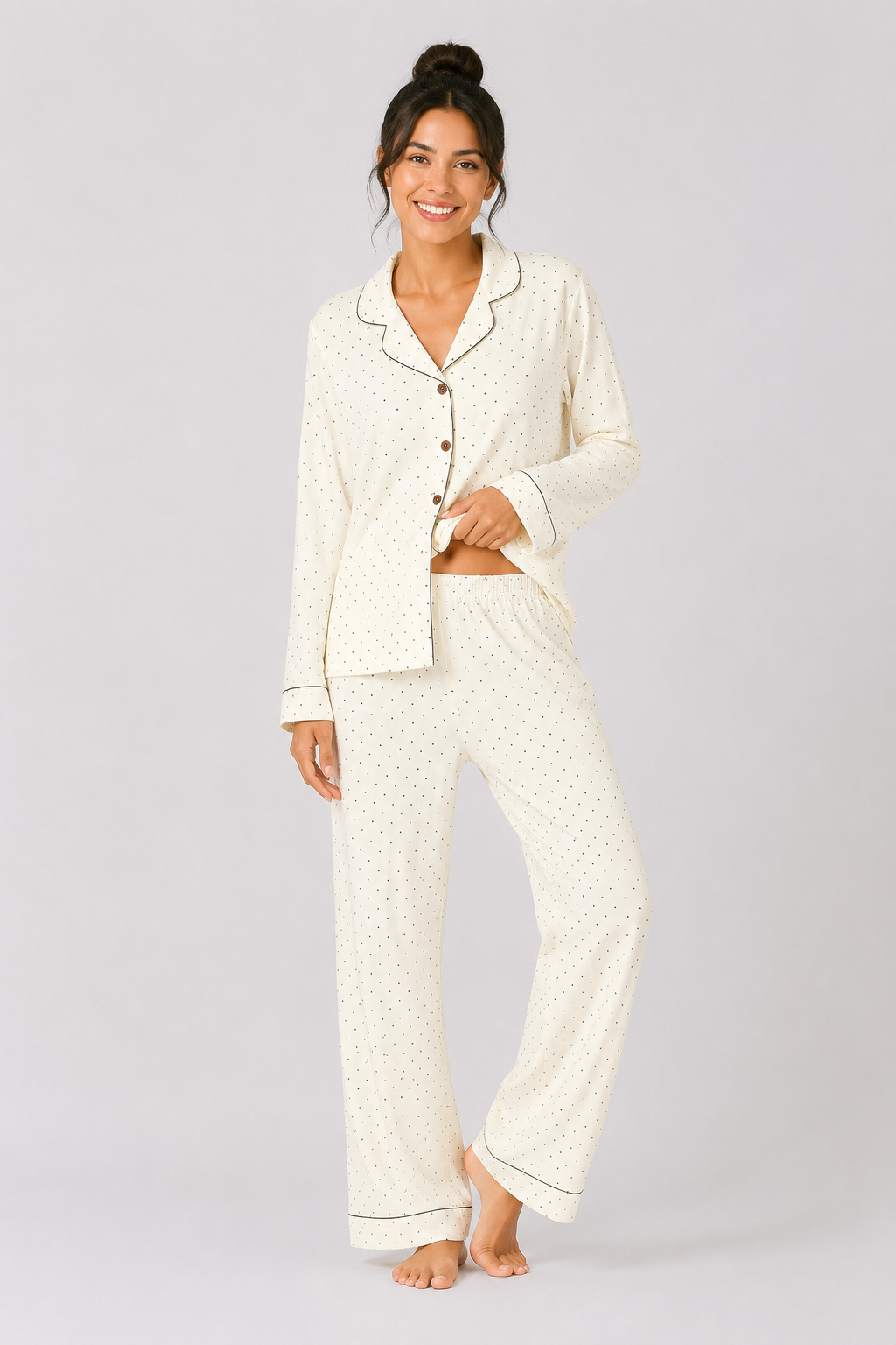 Button-through pyjama set with long-sleeve shirt and straight-leg trousers