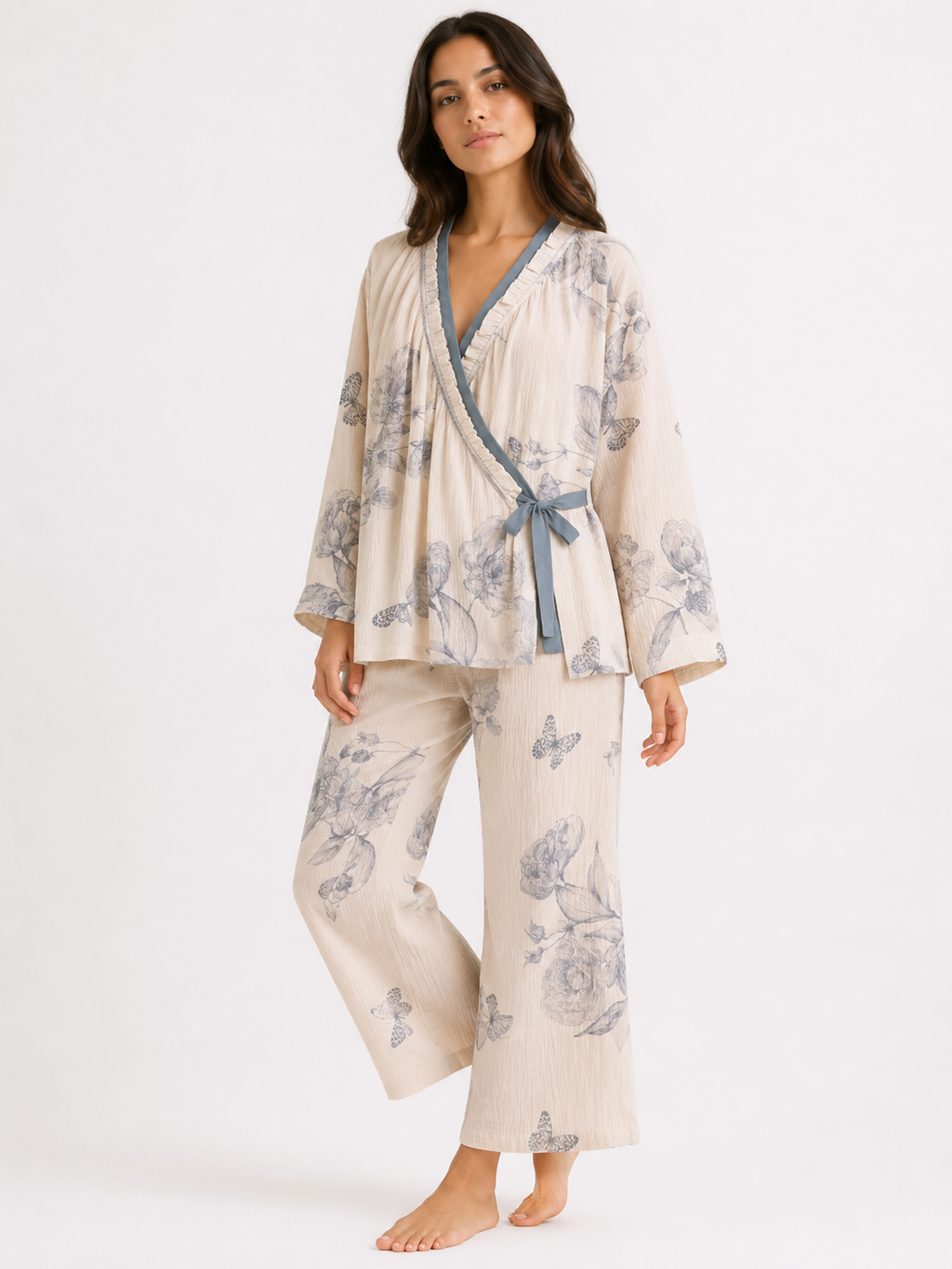 Women’s Wrap Pyjama Set – Kimono-Style Top & Full-Length Trousers