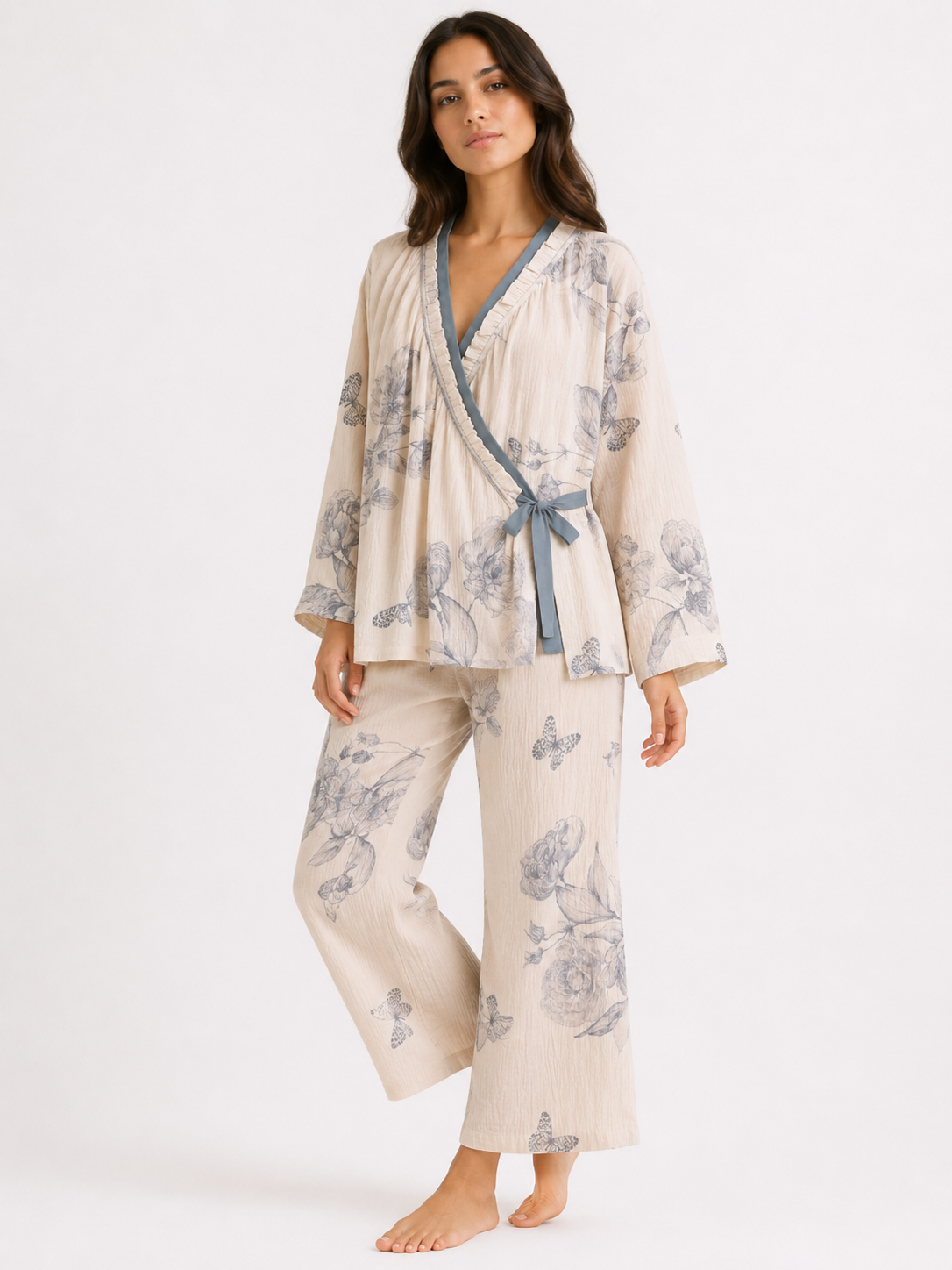 Women’s Wrap Pyjama Set – Kimono-Style Top & Full-Length Trousers