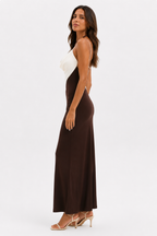Two-tone V-neck midi dress with straight skirt