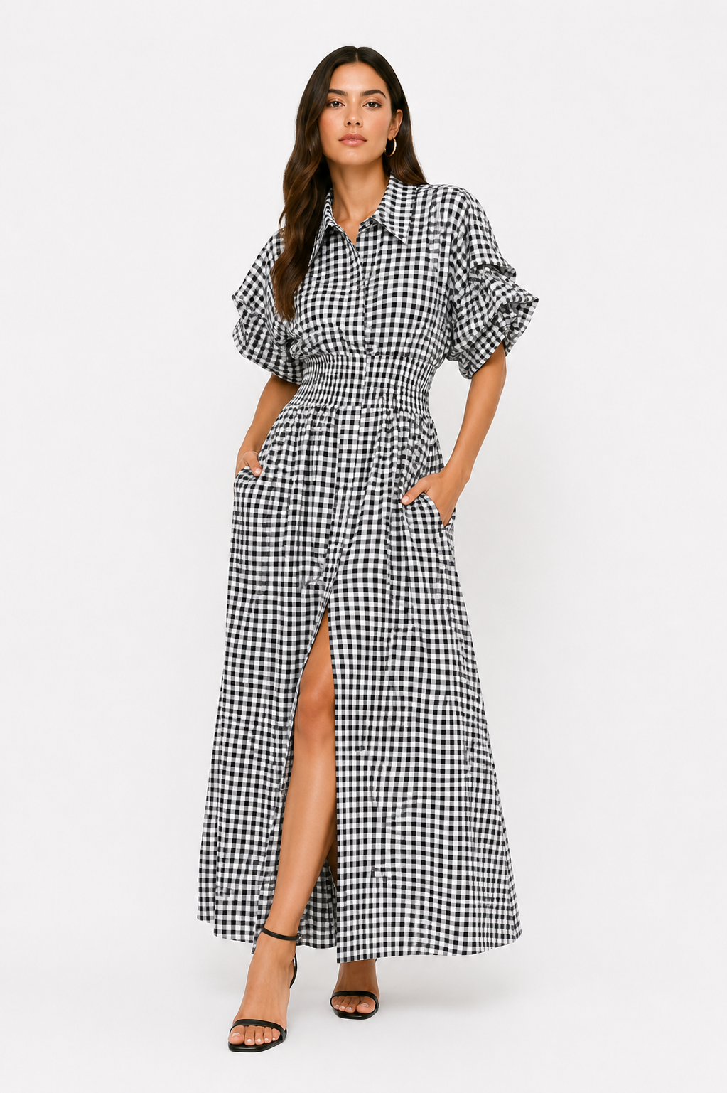 Vivienne Gingham Midi Dress (High Slit)