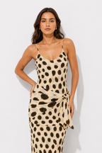 Polka Dot Cami Maxi Dress with Ruffle Trim and Asymmetric Drape