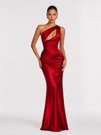 One-shoulder Ruched Satin Maxi Dress Women Elegant Sleeveless Cutout Waist-cinching Flowy Dresses Summer Lady Evening Vestido