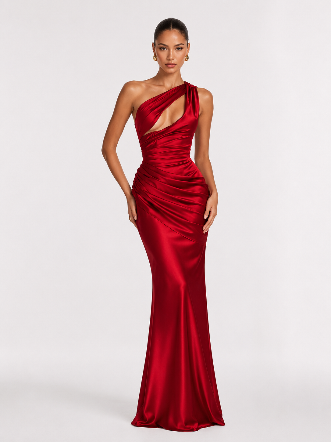 One-shoulder Ruched Satin Maxi Dress Women Elegant Sleeveless Cutout Waist-cinching Flowy Dresses Summer Lady Evening Vestido