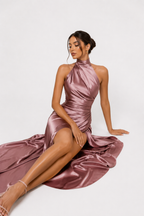 Satin-effect halter dress with slit