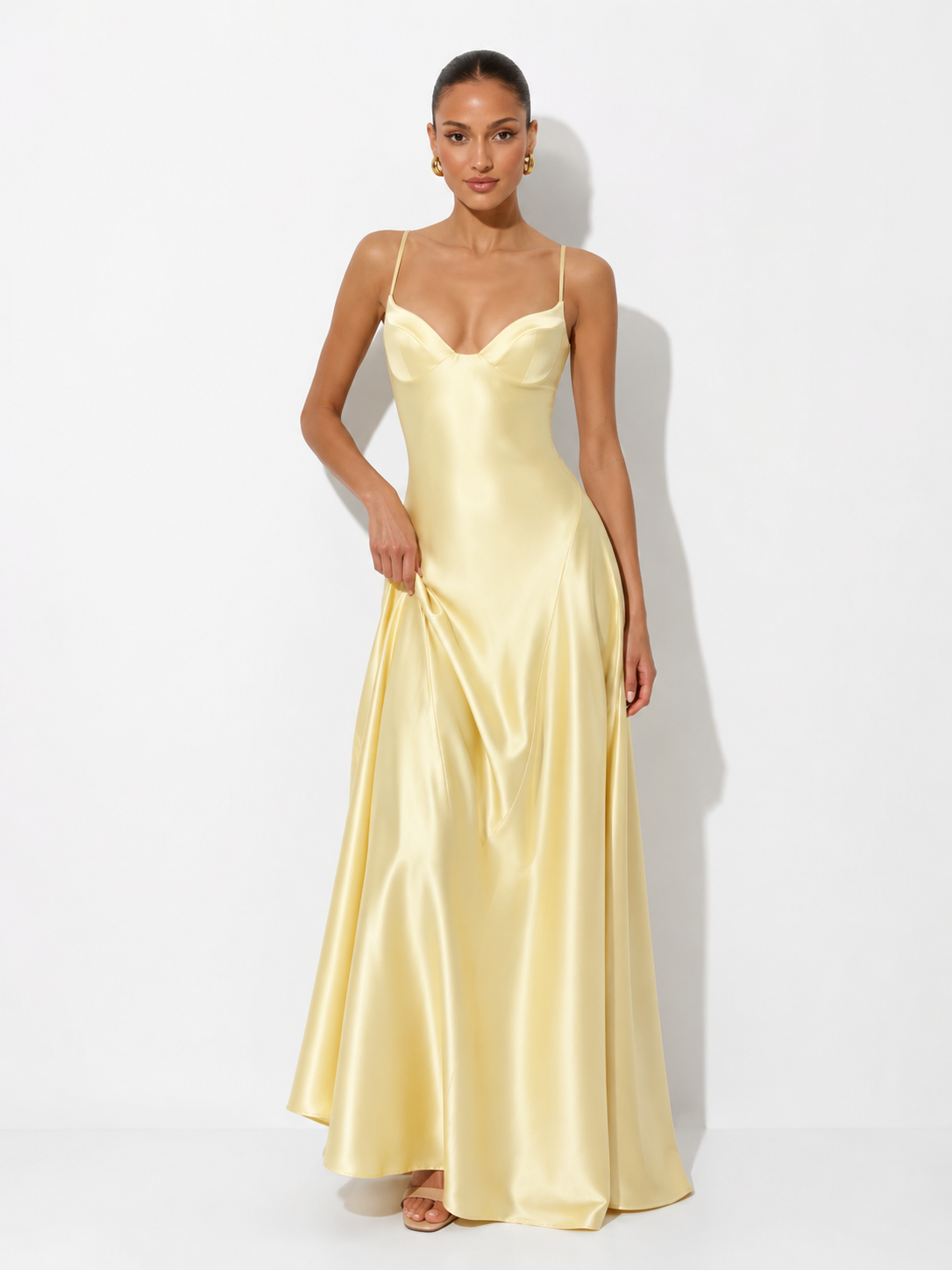 Solid Color Satin Bustier Women Maxi Dress Fashion Yellow Spaghetti Strap V Neck Waist-cinching Dresses 2026 New Party Vestidos