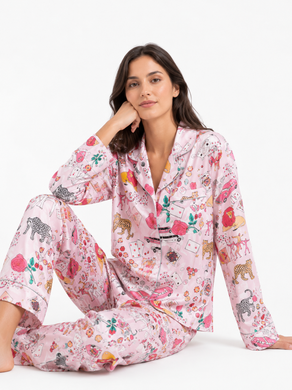Women’s Floral Pyjama Set – Button-Through Long Sleeve Shirt & Wide-Leg Trousers