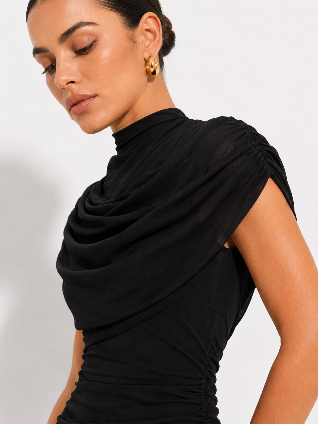 Draped High-Neck Ruched Mini Dress