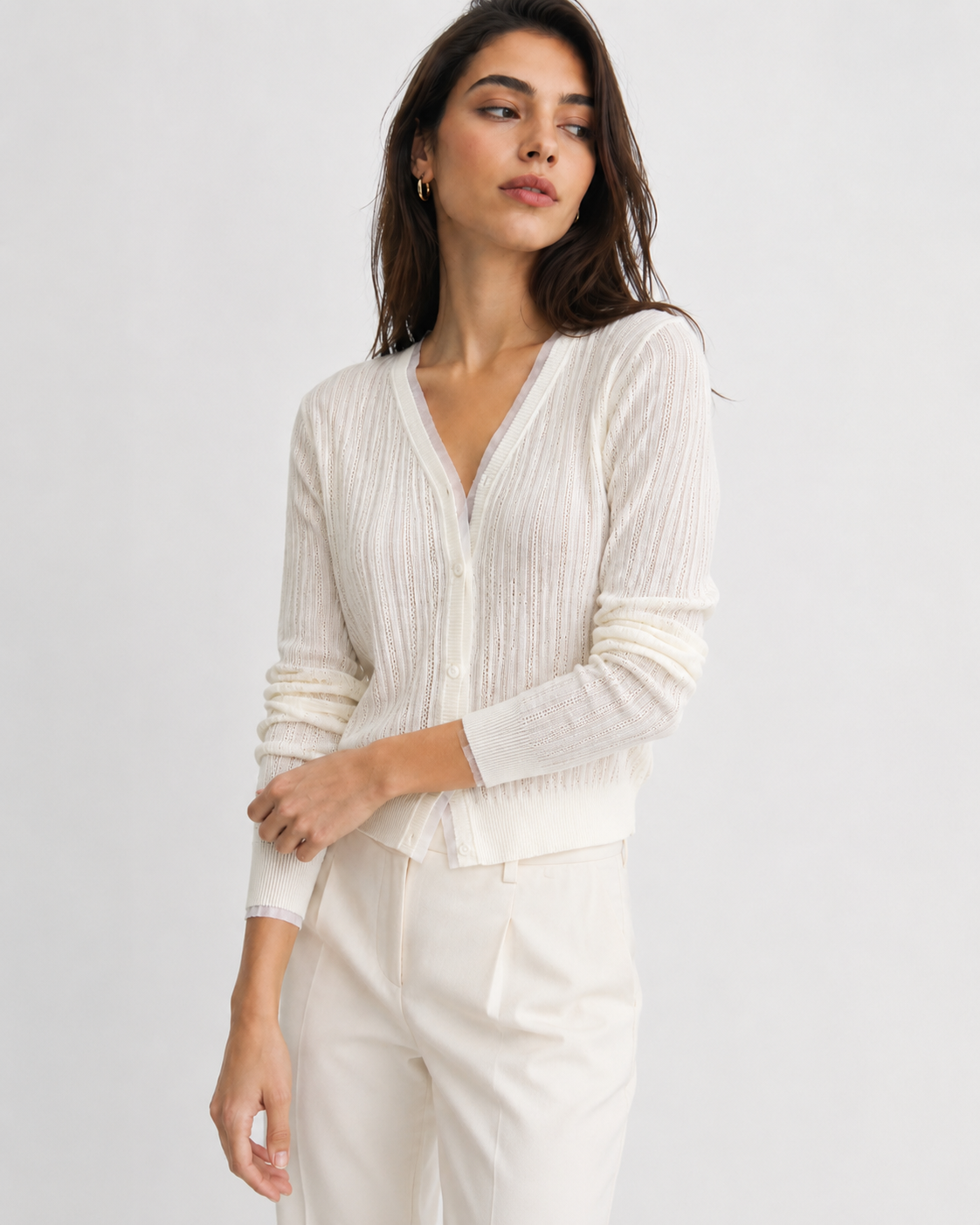 Lace-Trim V-Neck Cardigan