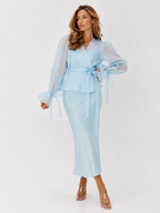Organza Overlay Wrap Top and Satin Midi Skirt Two-Piece Set