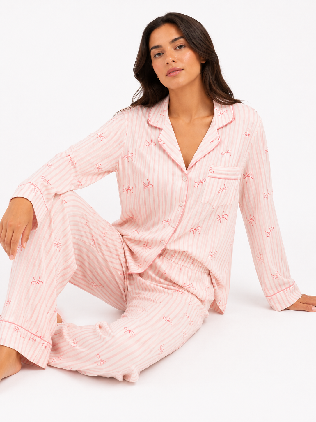Women’s Button-Through Pyjama Set – Long Sleeve Shirt & Full-Length Trousers