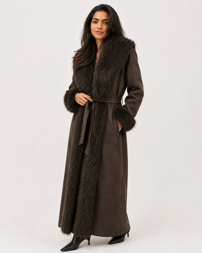 Plush-Panelled Belted Coat