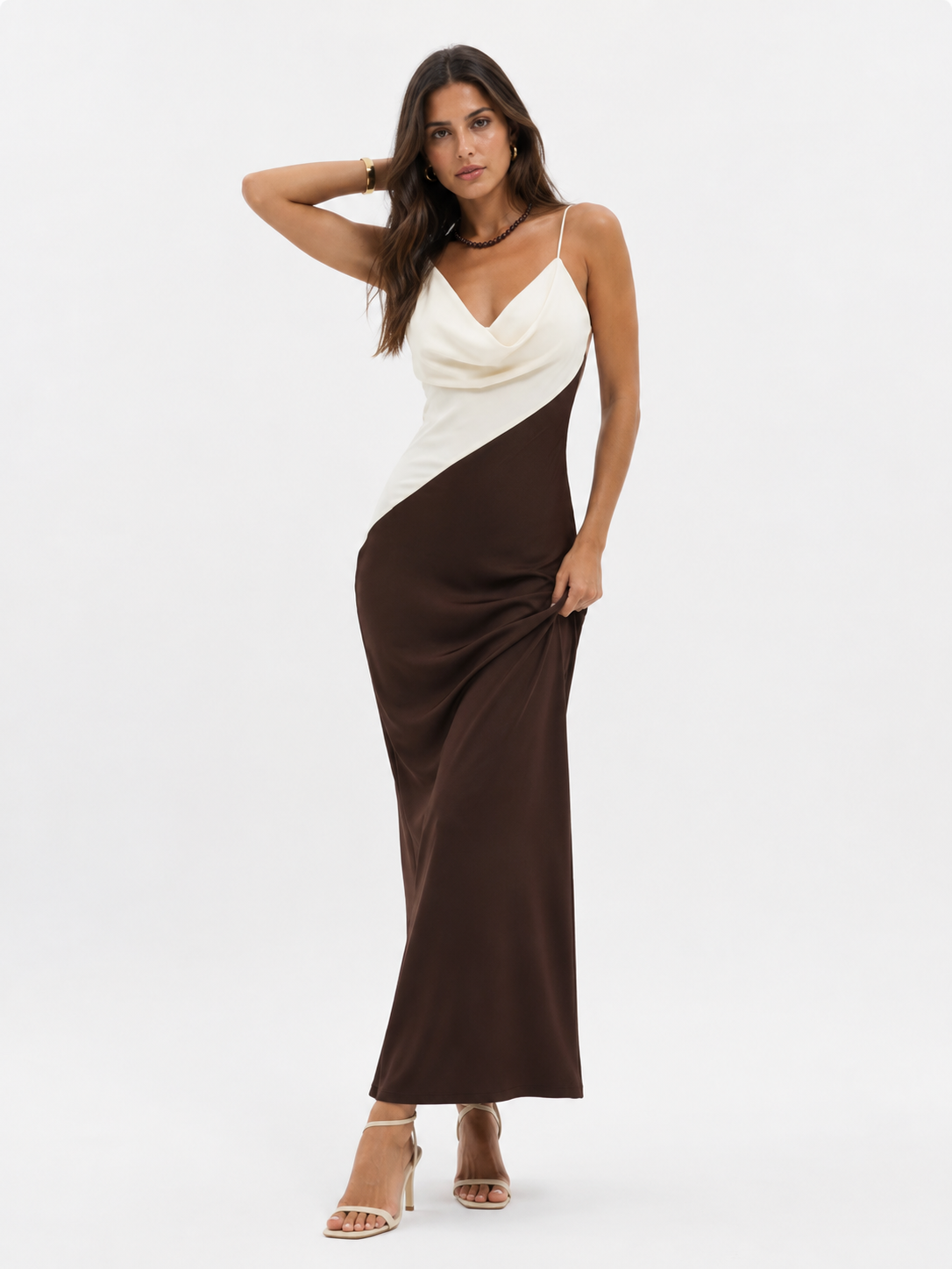 Two-tone V-neck midi dress with straight skirt