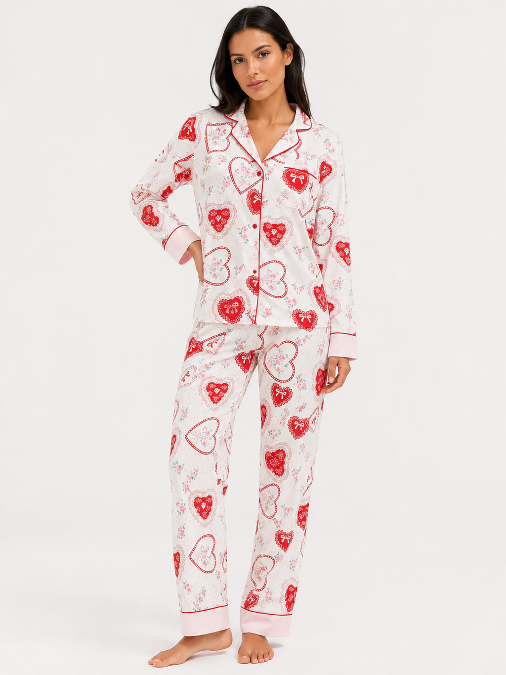 Women’s Pyjama Set – Button-Through Long Sleeve Shirt & Full-Length Trousers