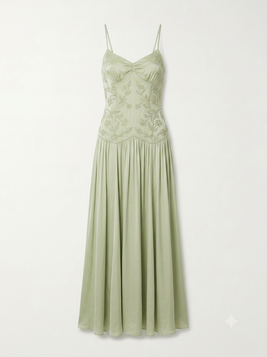 Embroidered Cami Maxi Dress with Pleated Drop Waist