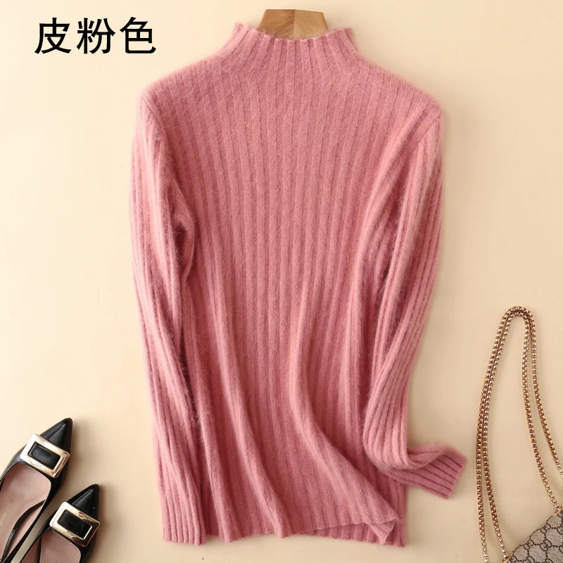 Warm 100% Mink Cashmere Sweater Knit Pullovers Female Winter High Elasticity Soft Tops High Collar Casual Basic Women Shirt 2021