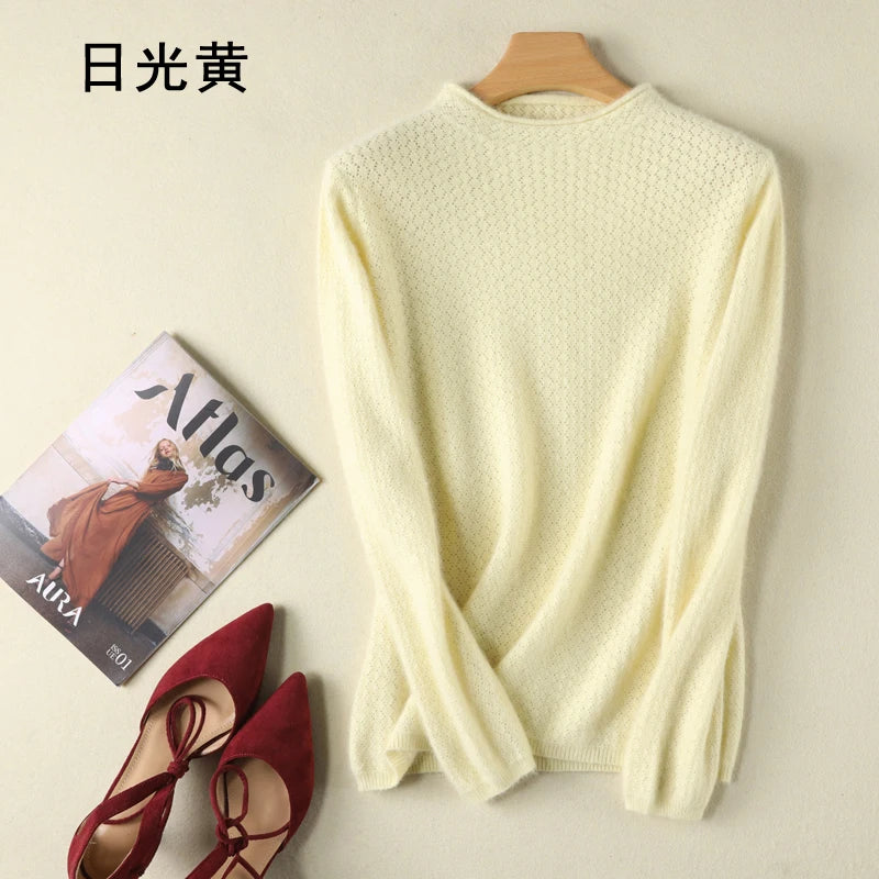 New Autumn Round Neck 100%Pure Mink Cashmere Sweater Women Short Loose Knit Base Shirt Long-Sleeve Hollow Blouse Warm Pullover