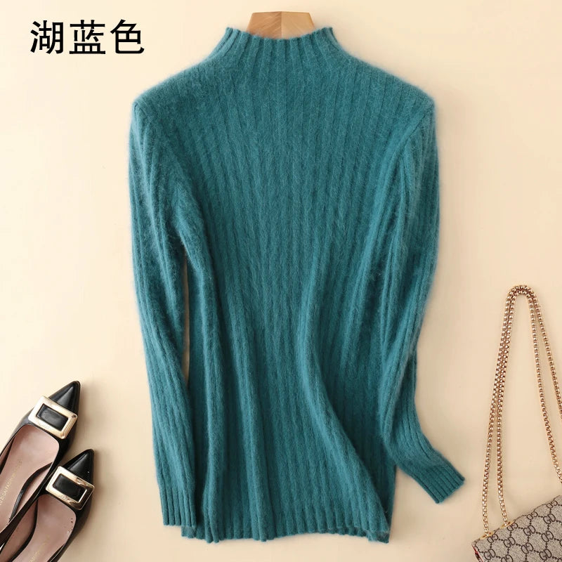 Warm 100% Mink Cashmere Sweater Knit Pullovers Female Winter High Elasticity Soft Tops High Collar Casual Basic Women Shirt 2021